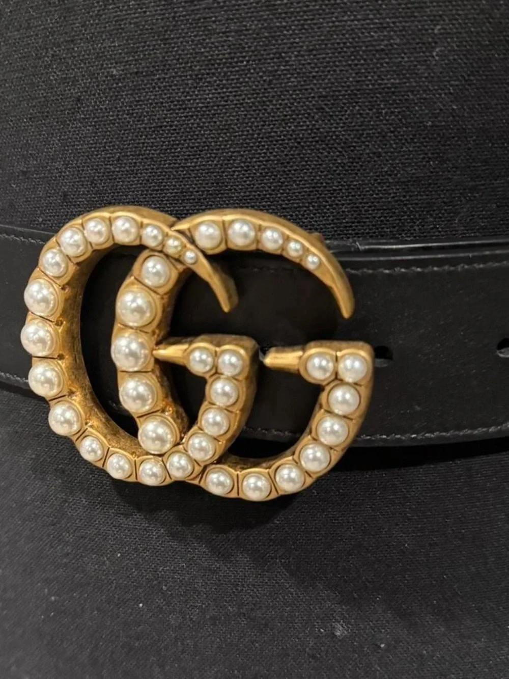 Gucci Black Leather Belt with Gold Pearl Double G Buckle